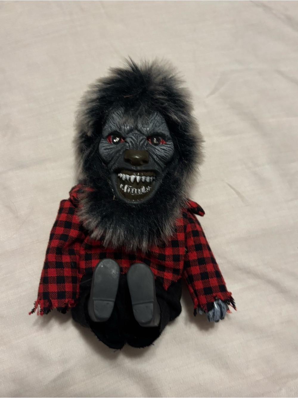 Light Up Werewolf Halloween Decoration Red LED Eyes Plaid Shirt Sitting Figure